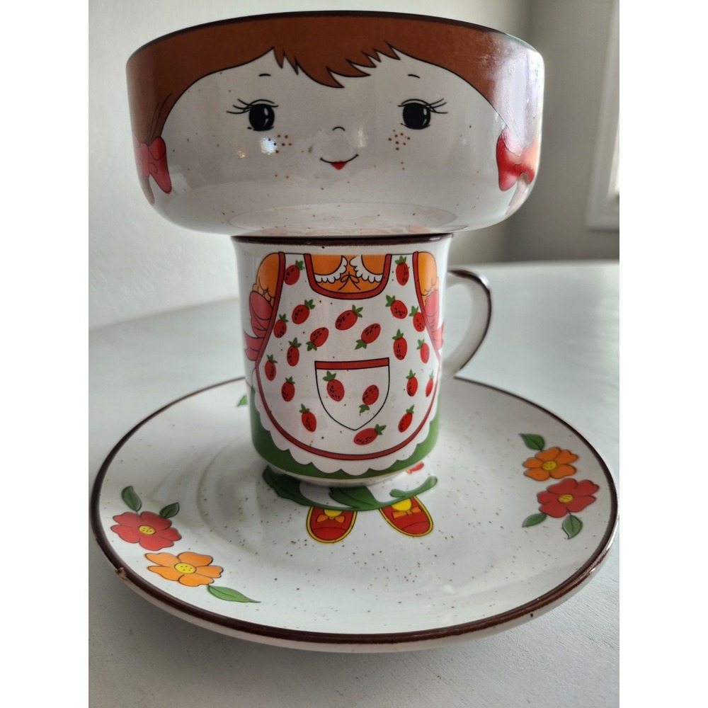 1970's Children's 3 PC Stackable Strawberry Girl Plate, Bowl And Mug